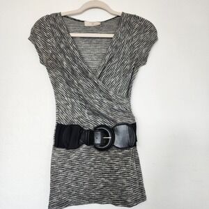 Blushed Y2K Wrap Blouse Small Gray Black Belted Knit Cap Sleeve Tunic Top
